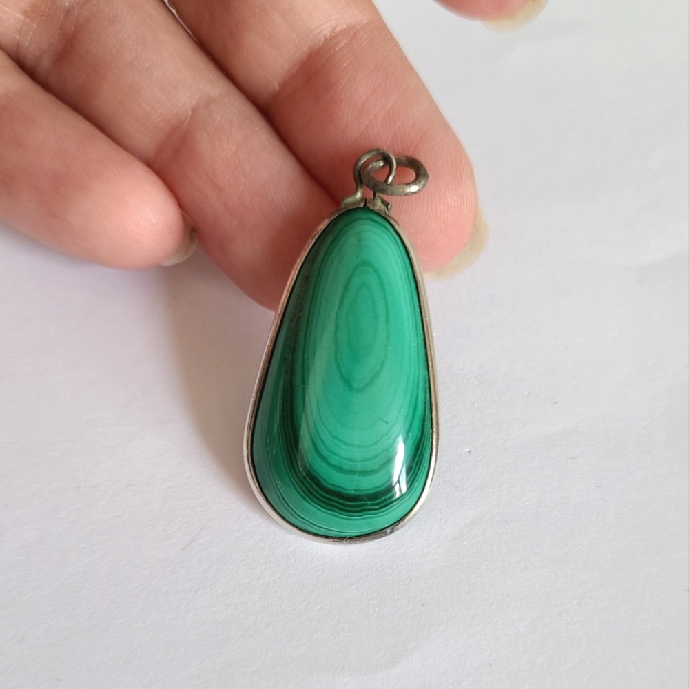 Vintage Boho Chunky Western Green Malachite Gemstone Sterling Silver Pendant